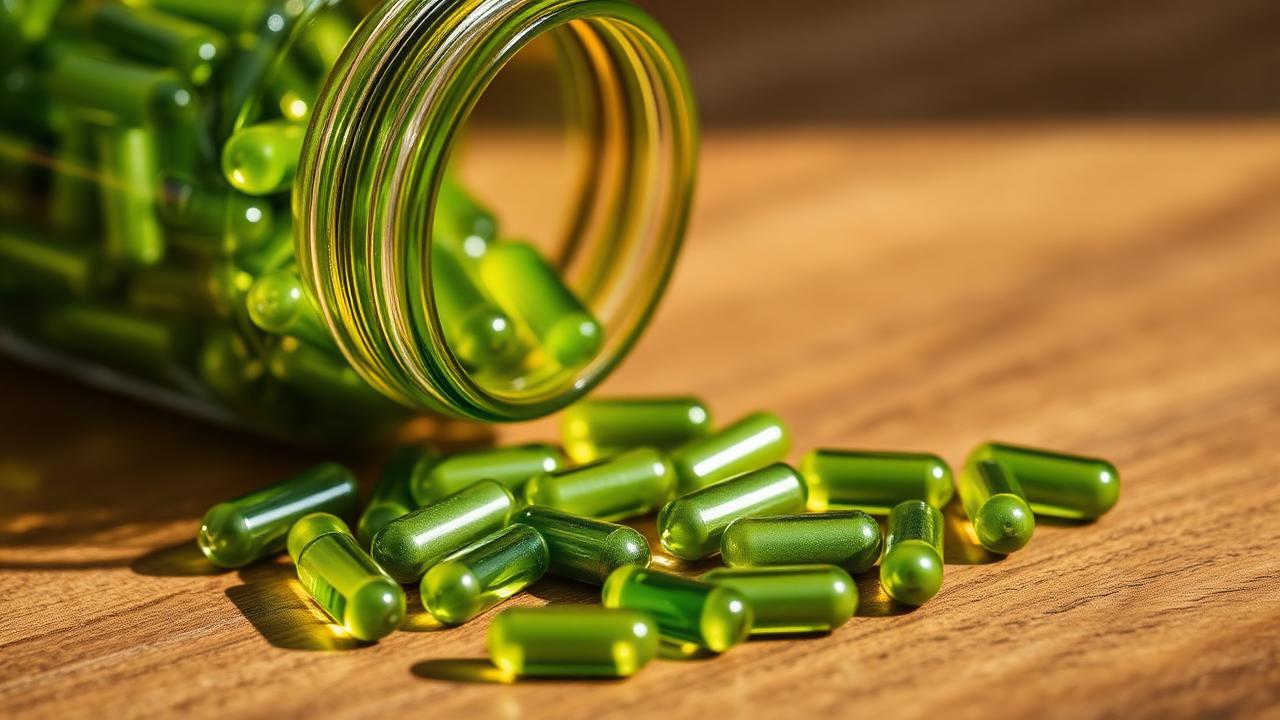 Green kratom capsules spilling from a glass bottle onto a wooden surface