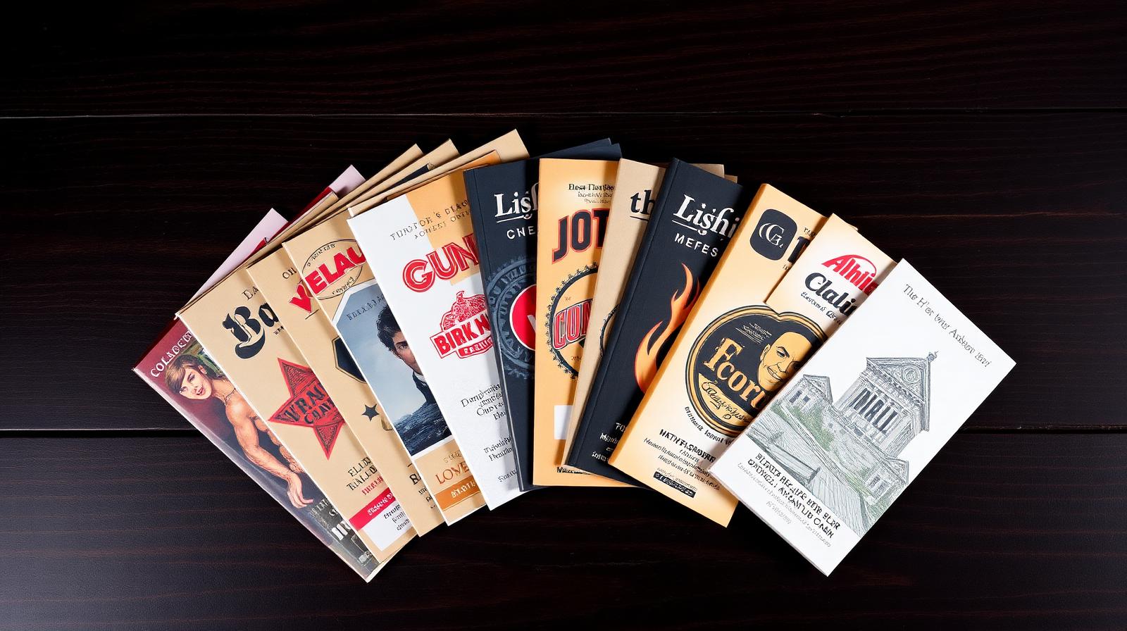 Assorted rolling paper booklets fanned out on a dark wooden surface