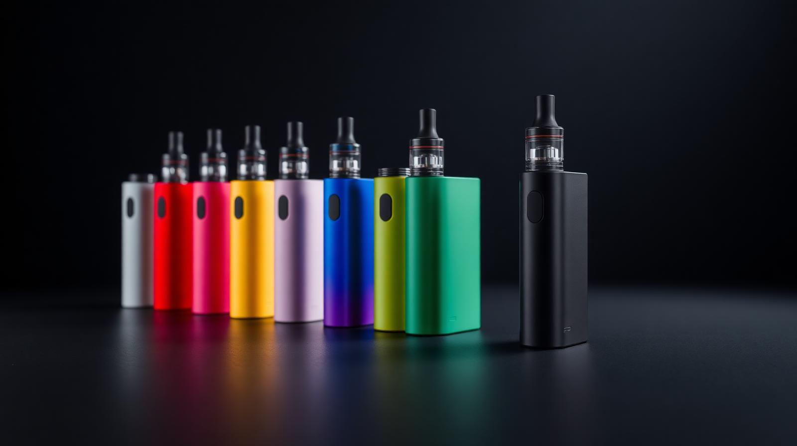 Selection of modern disposable vapes lined up on a dark surface