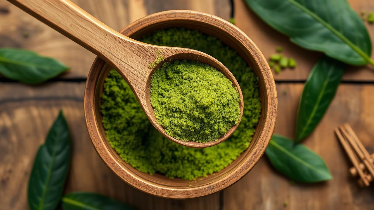Wooden spoon measuring fine green kratom powder over a bowl