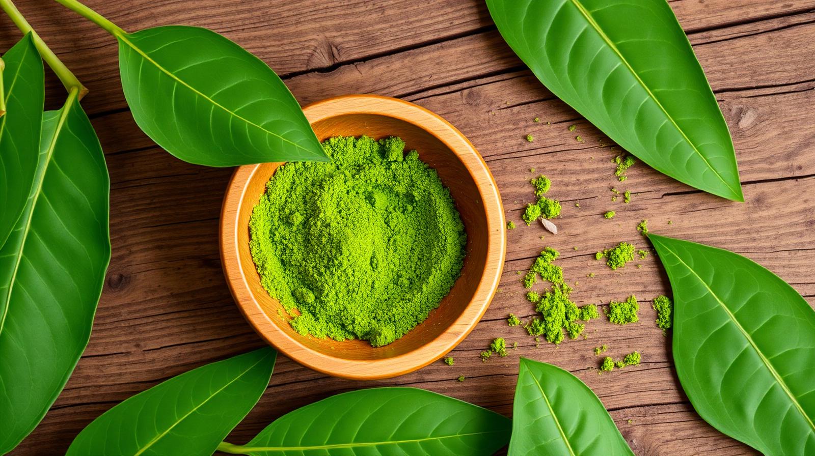 Wooden bowl of green kratom powder surrounded by fresh kratom leaves