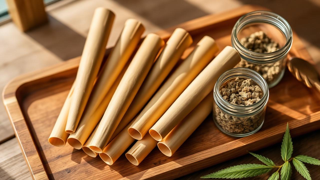 Hemp pre rolls arranged on a wooden surface