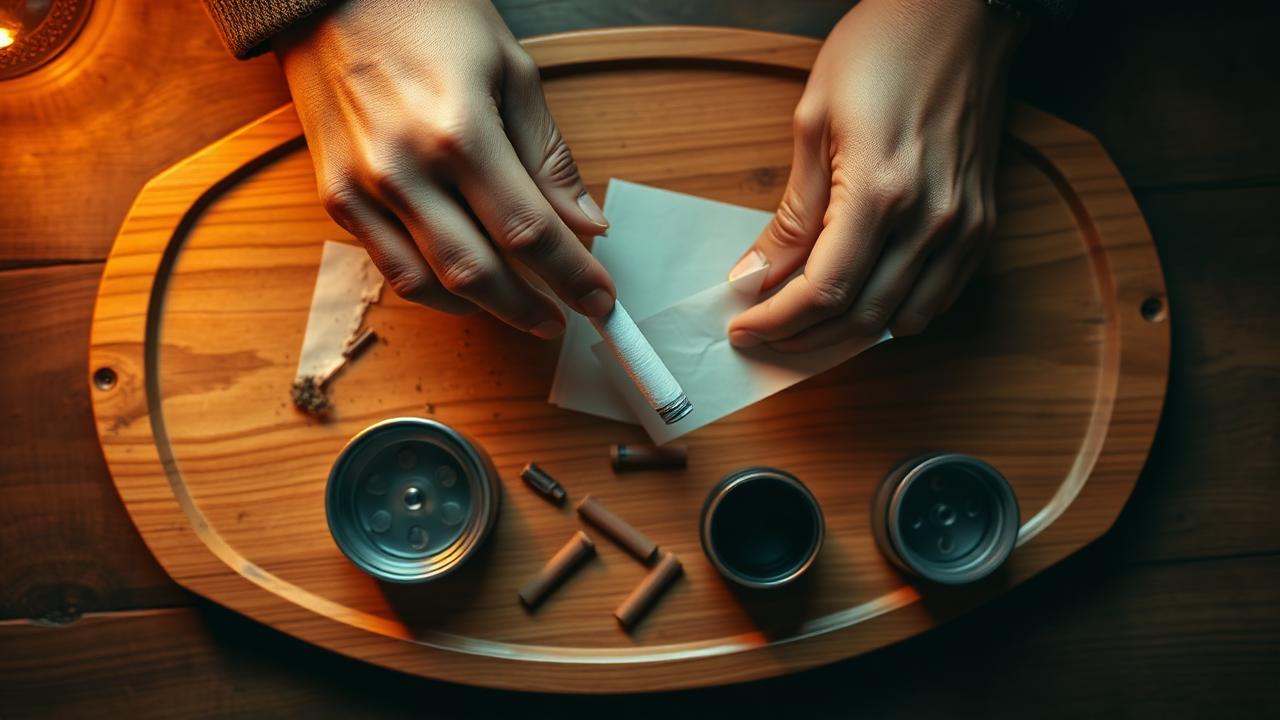 Hands rolling on a wooden rolling tray with grinder and tips
