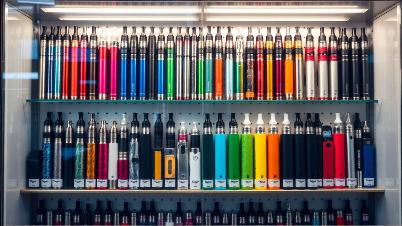 Flat lay of disposable vapes in multiple colors and flavors